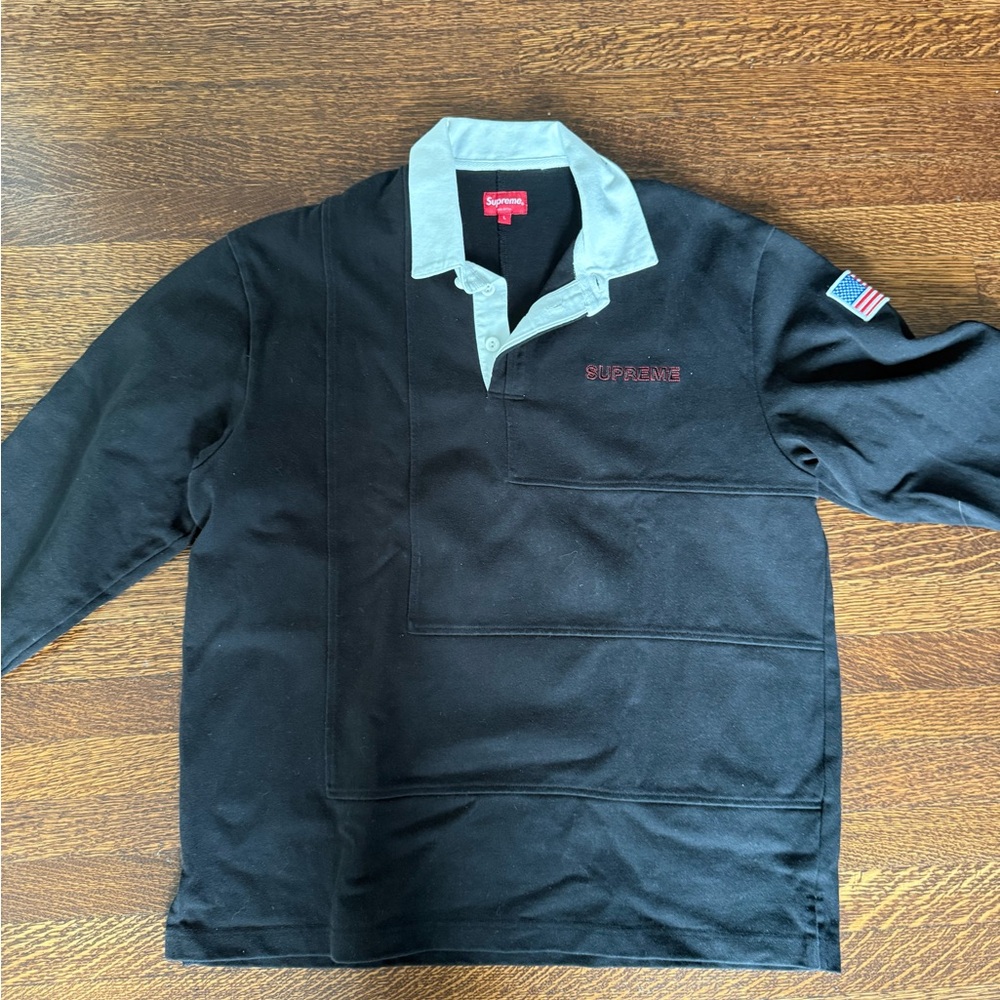 Supreme Black Polo with Gray Collar and Flag Patch